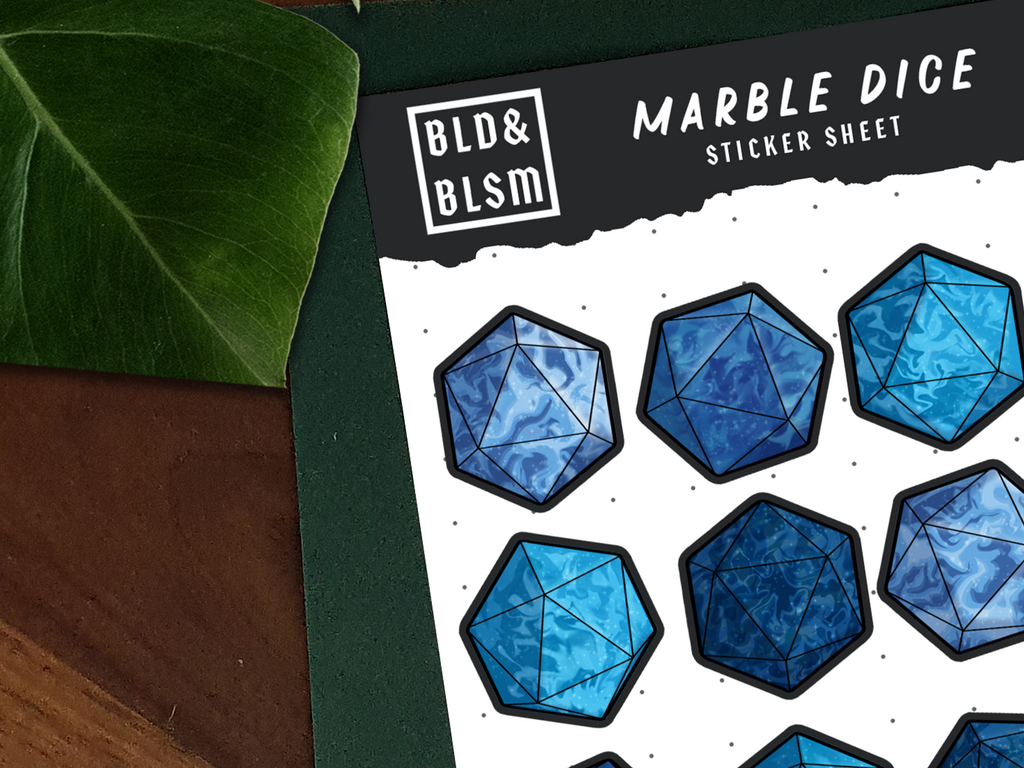Marble dice sticker sheet by BLD&BLSM on a white background with a green leaf.